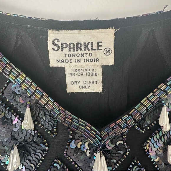 Sparkle Toronto Vintage Top Size Medium Black Beaded Silk Retro Party Night Out - Picture 7 of 8